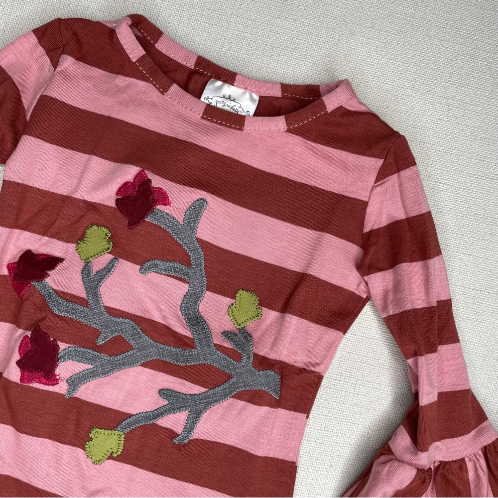 Persnickety Autumn Splendor Ruffle Sleeve Tee Brown Pink Stripe Applique… - Picture 5 of 11